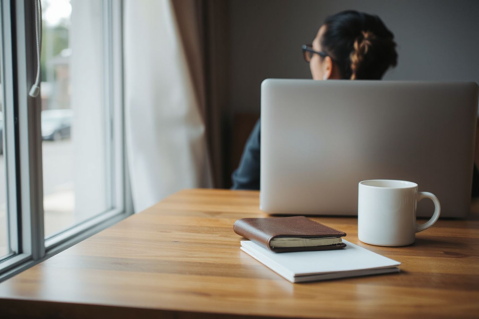 Canada eTA Application Form: person sitting at a desk with a laptop and mug looking out a window