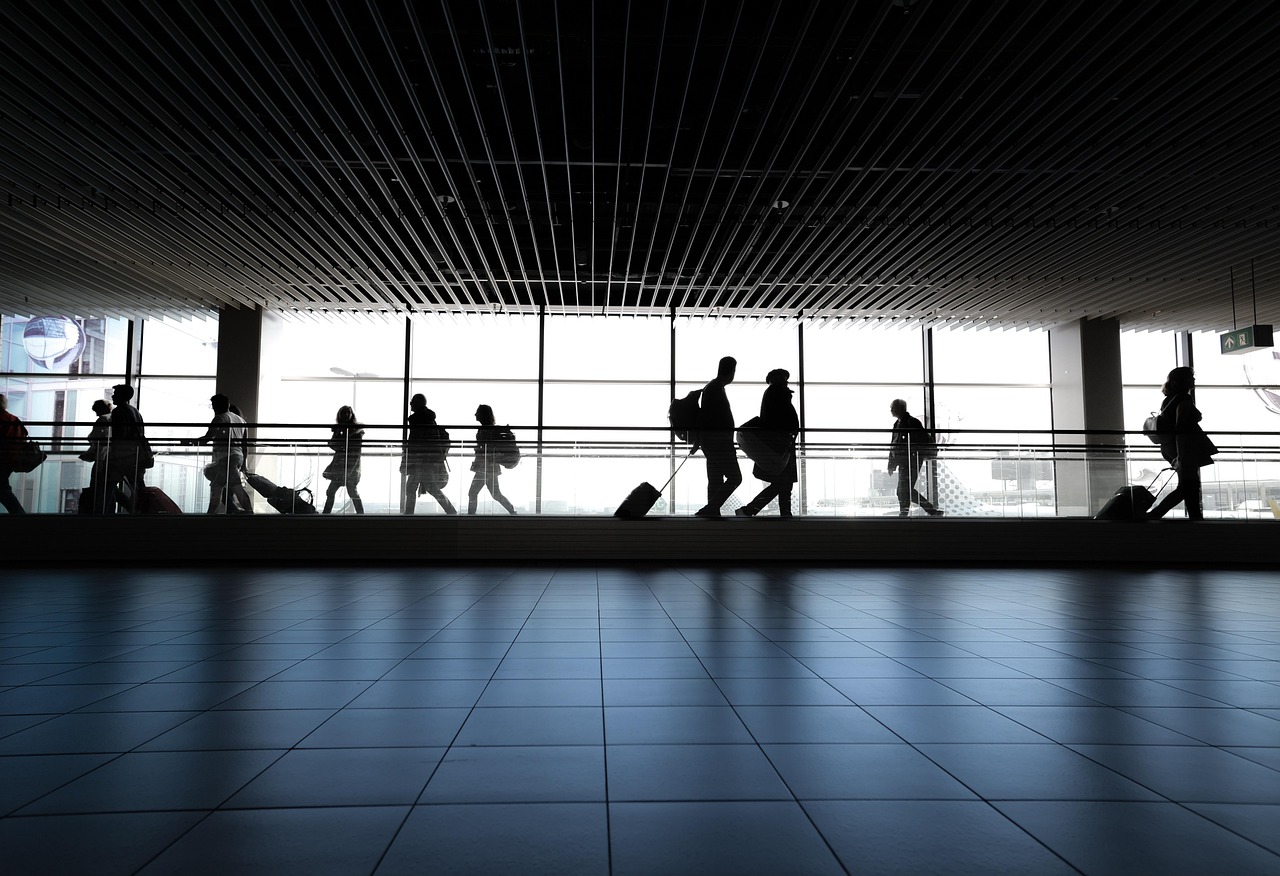 Canada eTA for German Citizens: German Passport, Code D and How to Apply: travellers with luggage silhouetted against airport terminal windows