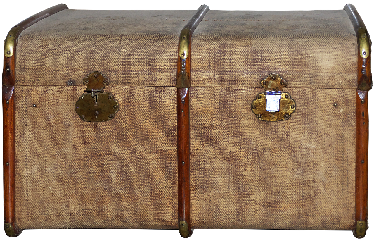Vintage brown trunk with brass hardware isolated on white.