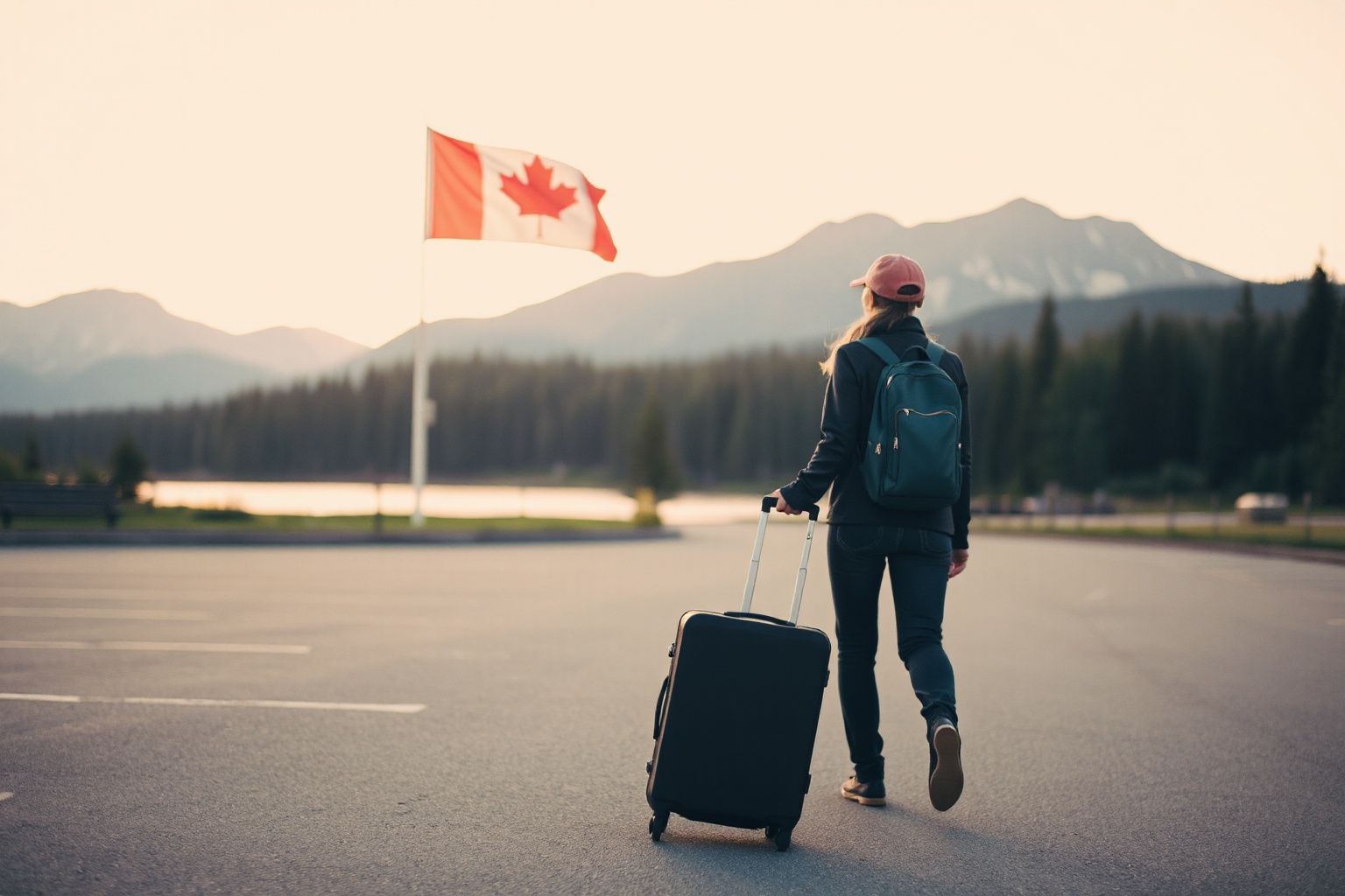My Canada eTA Was Approved: traveler with luggage walking toward a Canadian flag and mountain landscape