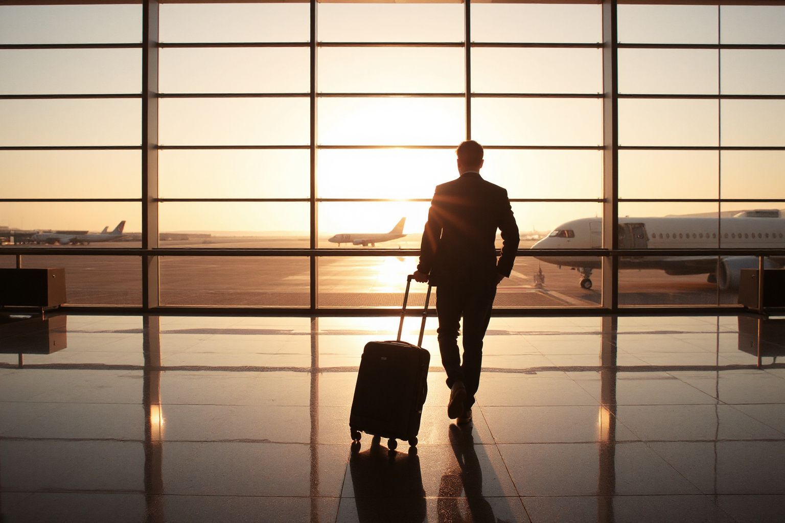 Transit Canada US Visa eTA Rules: traveler with luggage in airport terminal looking at airplanes on the tarmac